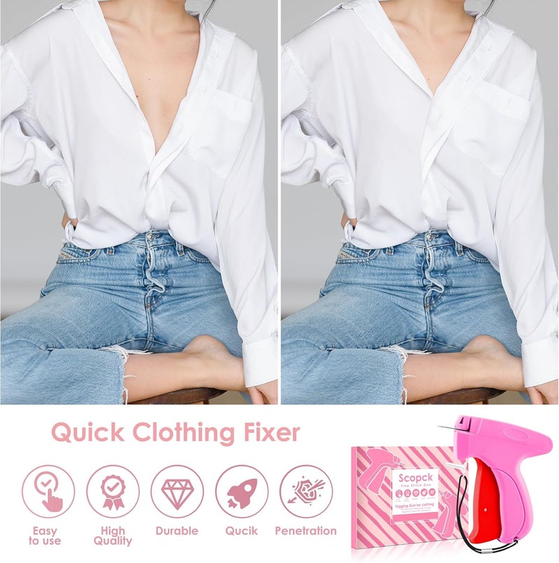 Scopck Stitch Gun for Clothes - Handheld Stitch Tag Gun Quick Clothing Fixer - Mini Sewing Kit Micro Tagging Gun - Includes 6 Needle, 1000 Black Fasteners & 1000 White Fasteners (Pink-Red) - Image 5